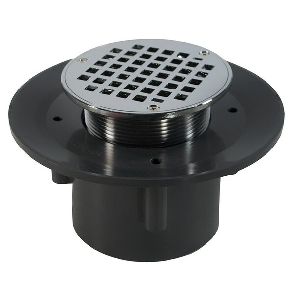 Jones Stephens 2in. x 3in. Heavy Duty PVC Slab Drain Base with 3-1/2in. Metal Spud and 5in. Chrome Plated Strainer D49359 - main